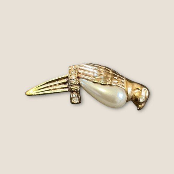 Vintage Gold-Tone Parrot Brooch With Pearl & Rhinestone Accents - Picture 2 of 3